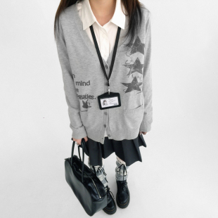 针织印花星星校供薄外套jk风V领长袖 毛衣开衫 梦游课 innomoood