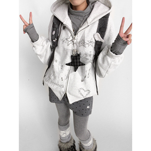 innomoood 睡前故事像素贴图印花原创卫衣加绒外套连帽宽松加厚