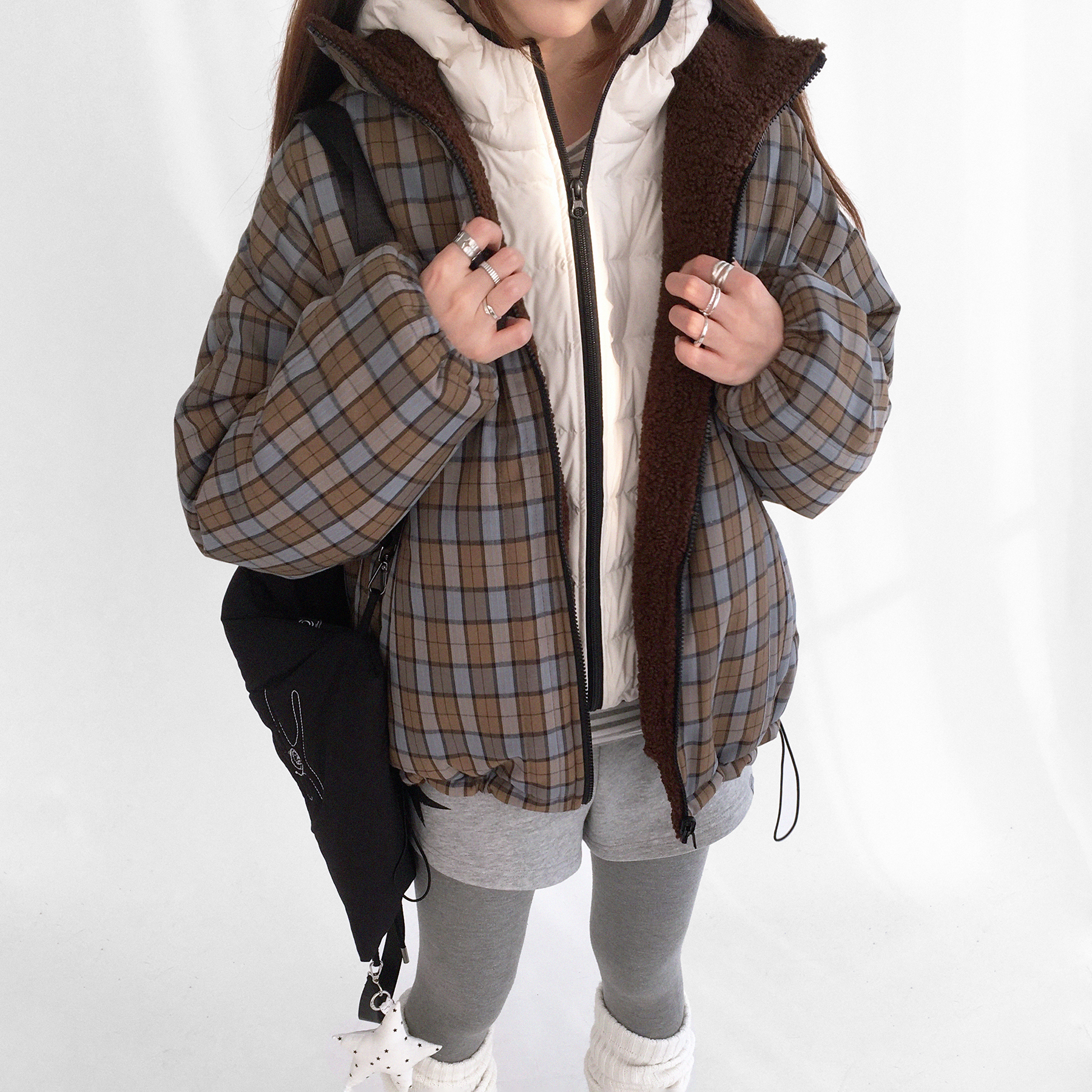 innomoood 复古格纹两面穿羊羔毛棉衣立领百搭oversize外套休闲