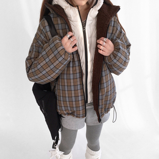 innomoood 复古格纹两面穿羊羔毛棉衣立领百搭oversize外套休闲