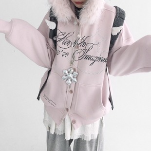 innomoood 单排扣 软乎乎棉花糖毛领可拆卸卫衣外套加绒印花开衫