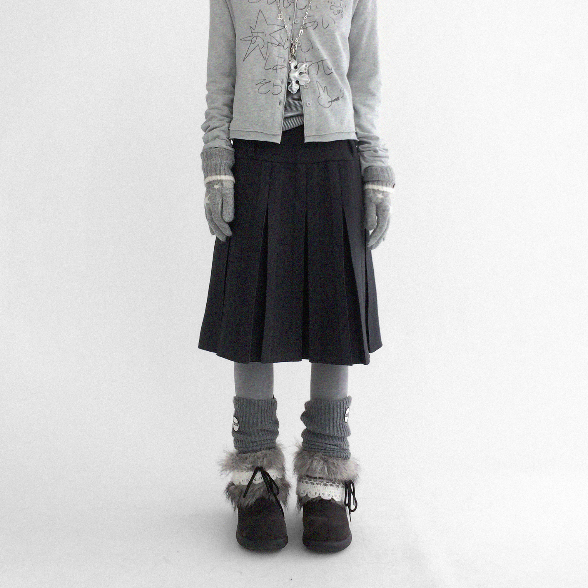 innomoood 毛呢百褶正反穿中长半身裙A型显瘦高腰秋冬百搭