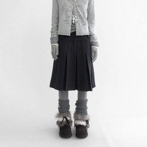 innomoood 毛呢百褶正反穿中长半身裙A型显瘦高腰秋冬百搭