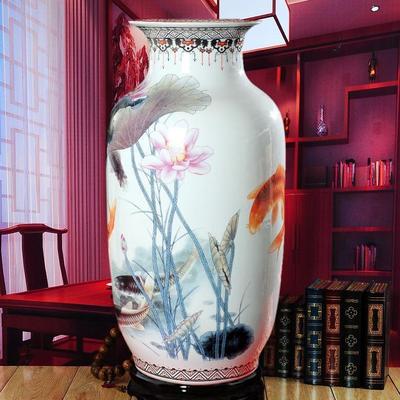 景德镇陶瓷器 粉彩年年有余落地大花瓶荷花鱼冬瓜瓶 现代家饰摆件
