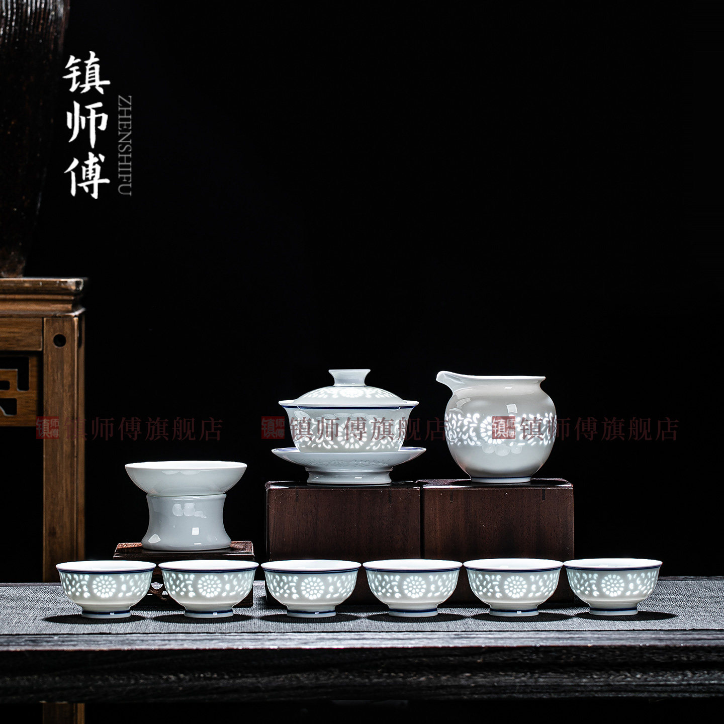 景德镇手绘玲珑镂空功夫茶具套装家用青花盖碗茶杯泡茶送礼礼盒装