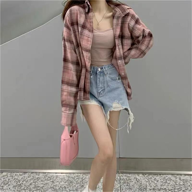 粉色格子衬衫甜辣女秋季polo领衬衣设计感别致上衣长袖防晒外套