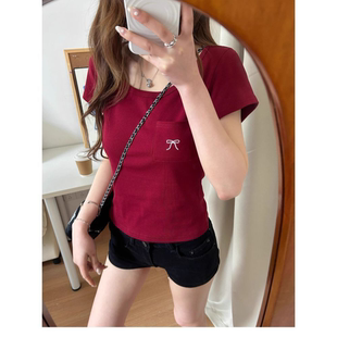 慵懒风圆领蝴蝶结刺绣红色短袖 甜辣妹正肩上衣 T恤女修身