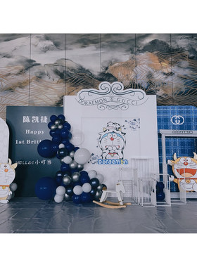 叮当猫哆啦A梦蓝色格子生日派对布置kt板背景气球底座材料包1260