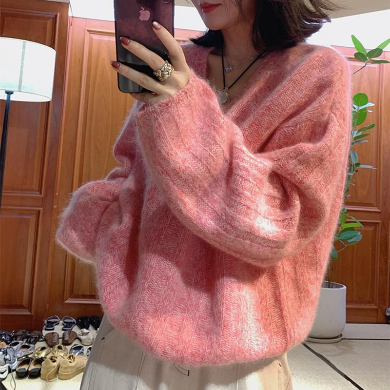 韩国慵懒风粉色v领针织毛衣女2025春秋季新款宽松休闲套头上衣