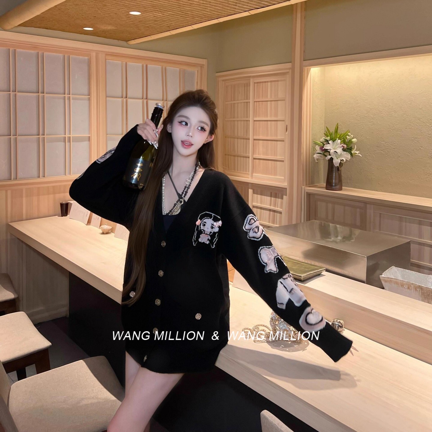 韩国限定~黑色毛衣外套慵懒风