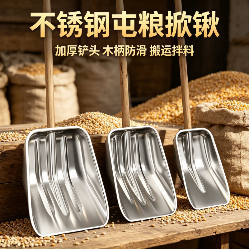 加厚不锈钢掀锹雪铲屯粮掀拌料锨锹环卫清洁大号木掀锹头食品铲子图片