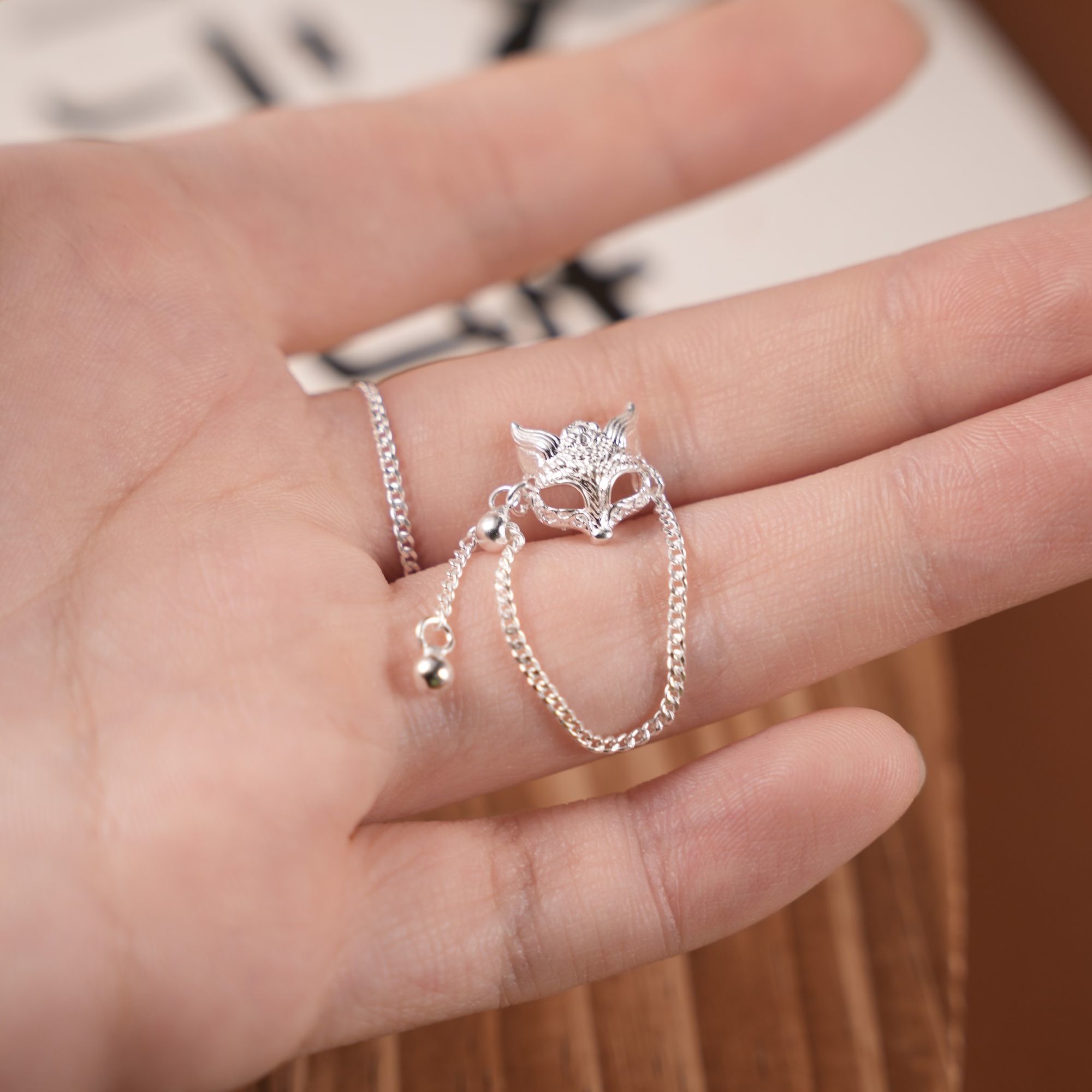 足银999流苏抽拉款狐狸面具活口戒指新款指环情人礼物正品