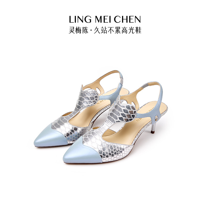 LINGMEICHEN爱心T带高跟鞋夏季新款银色走秀凉鞋拼色尖头