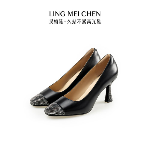 陈灵梅方头水钻牛皮高跟鞋单鞋女