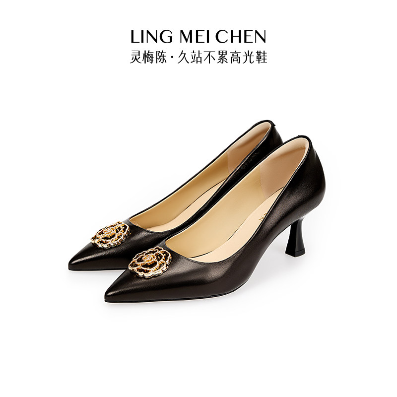 灵梅陈高光鞋牡丹鞋2025新款黑色尖头空气棉高跟鞋气质风旗袍鞋女