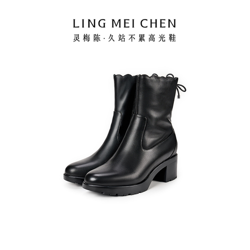 灵梅陈加绒马丁靴圆头粗跟皮靴女