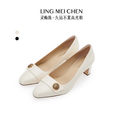 LINGMEICHEN金扣粗跟乐福鞋高跟鞋女鞋高级白色真皮女鞋中跟皮鞋