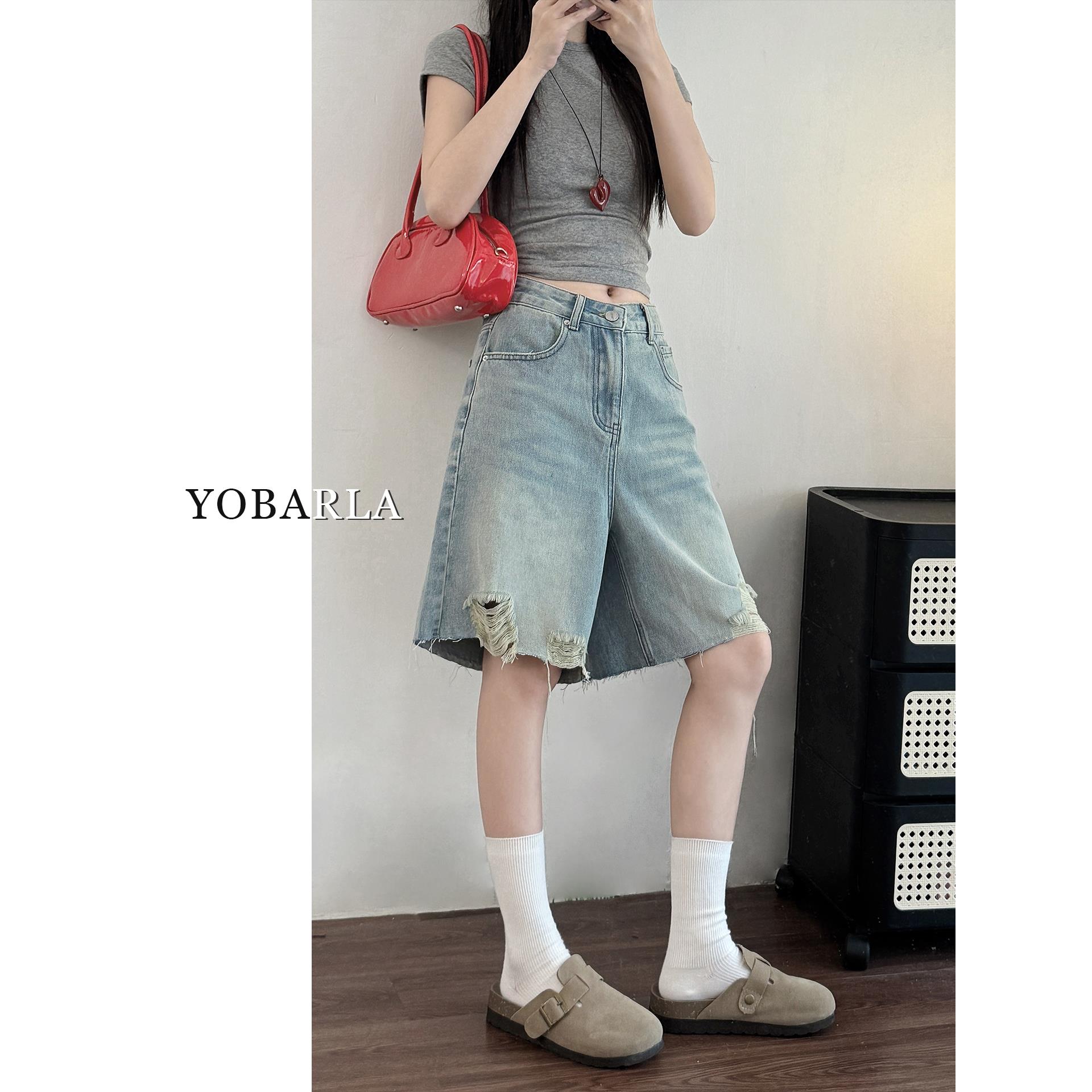 浅色破洞牛仔短裤女高腰夏季新款大码胖mm宽松显瘦五分直筒中裤子