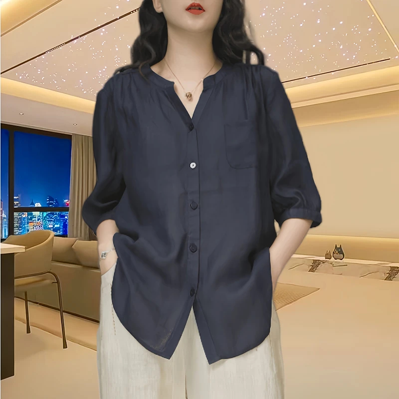 大码宽松上衣夏季新款纯色V领斜纹苎麻衬衫女五分中袖洋气小衫潮