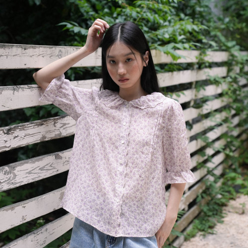 women stars birds 木耳边刺绣压褶娃娃领纯棉短袖五分袖衬衫女夏
