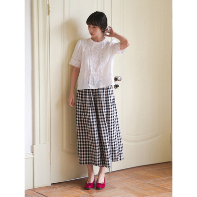 women stars birds夏色织亚麻格纹阔腿九分裤裙裤