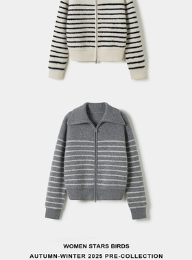 women stars birds 羊毛加厚翻领圈圈纱条纹毛衣开衫