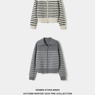 羊毛加厚翻领圈圈纱条纹毛衣开衫 women 董生活 birds stars