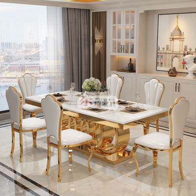 轻奢金色不锈钢餐桌椅后现代港式欧式豪华别墅大型餐厅大理石餐台