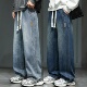 男款 水洗复古宽松直筒美式 潮流夏季 春秋牛仔裤 抽绳阔腿休闲长裤 子