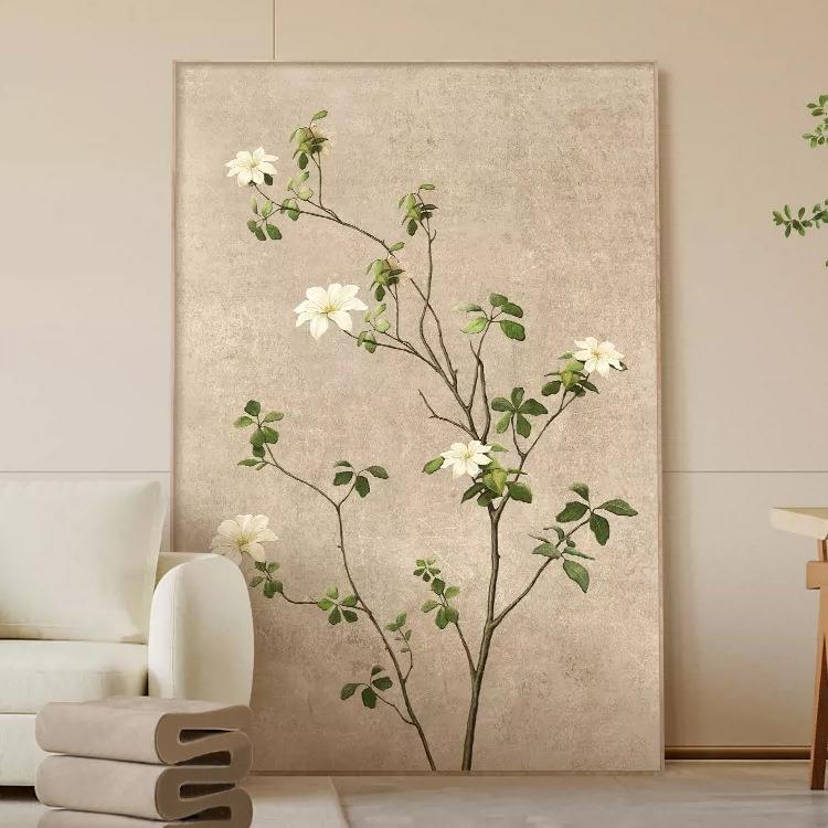 侘寂风客厅装饰画日式绿植沙发背景墙挂画原木风抽象简约玄关壁画图片
