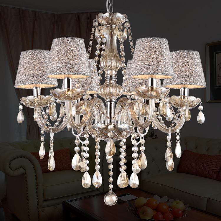 干邑色带灯罩6头水晶吊灯蜡烛灯酒店工程灯客厅餐厅灯楼梯玻璃灯