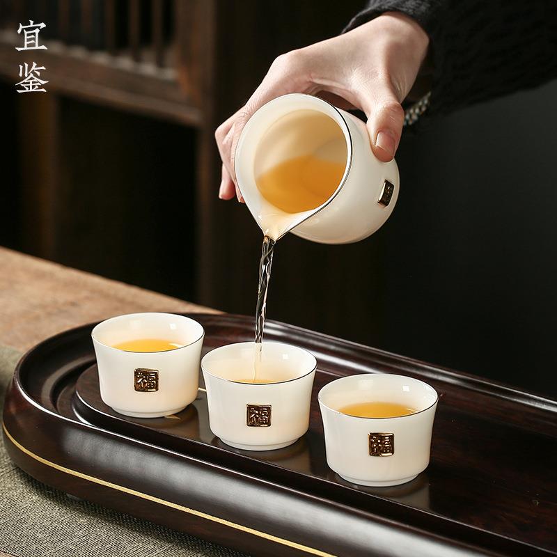 德化玉瓷羊脂玉金福陶瓷茶具套组一壶一盖碗十三件套高档送礼佳品