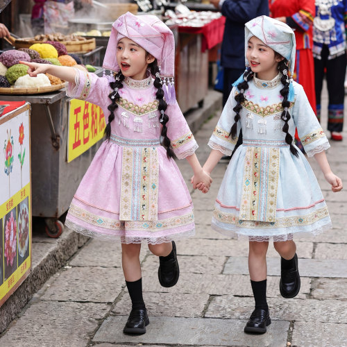 新款儿童广西三月三壮族服装女童演出服苗族哈尼瑶族少数民族服饰