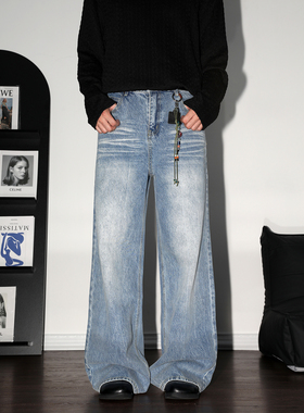 DAL 复古手喷猫须微喇牛仔裤男2025年秋冬新款直筒A字宽松长裤潮