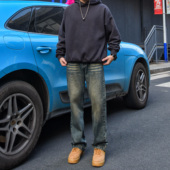 DAL 男宽松水洗做旧复古垂感拖地阔腿裤 美式 猫须水泥灰直筒牛仔裤