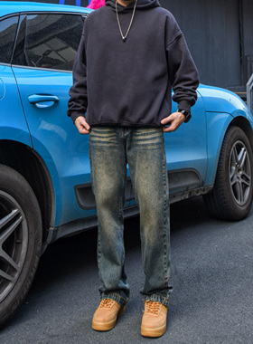 DAL 美式猫须水泥灰直筒牛仔裤男宽松水洗做旧复古垂感拖地阔腿裤