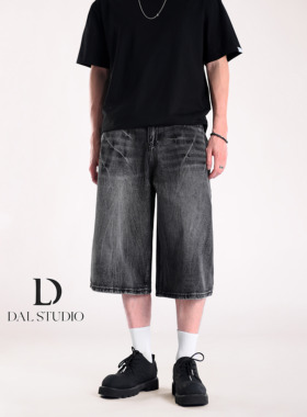 DAL 美式水洗黑灰色阔腿牛仔七分裤男2025年夏季新款闪电纹短裤潮