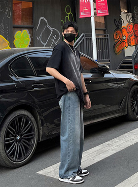 DAL 宽松直筒牛仔裤男2025新款水洗做旧复古蓝高街阔脚裤休闲长裤