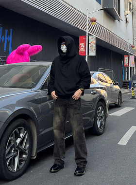 DAL 重磅黑色宽松直筒牛仔裤男破坏刮烂拖地裤美式复古高街阔腿裤