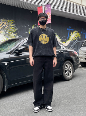 DAL 美式复古黑色阔腿牛仔裤男春夏基础款垂感百搭宽松直筒休闲裤