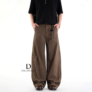 DAL 美式复古解构设计感水洗工装裤直筒宽松阔腿男女棕色褶皱长裤