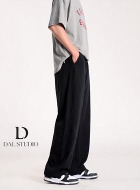 DAL 黑色宽松直筒卫裤男2025年夏季新款显瘦阔腿松紧腰弹力休闲裤