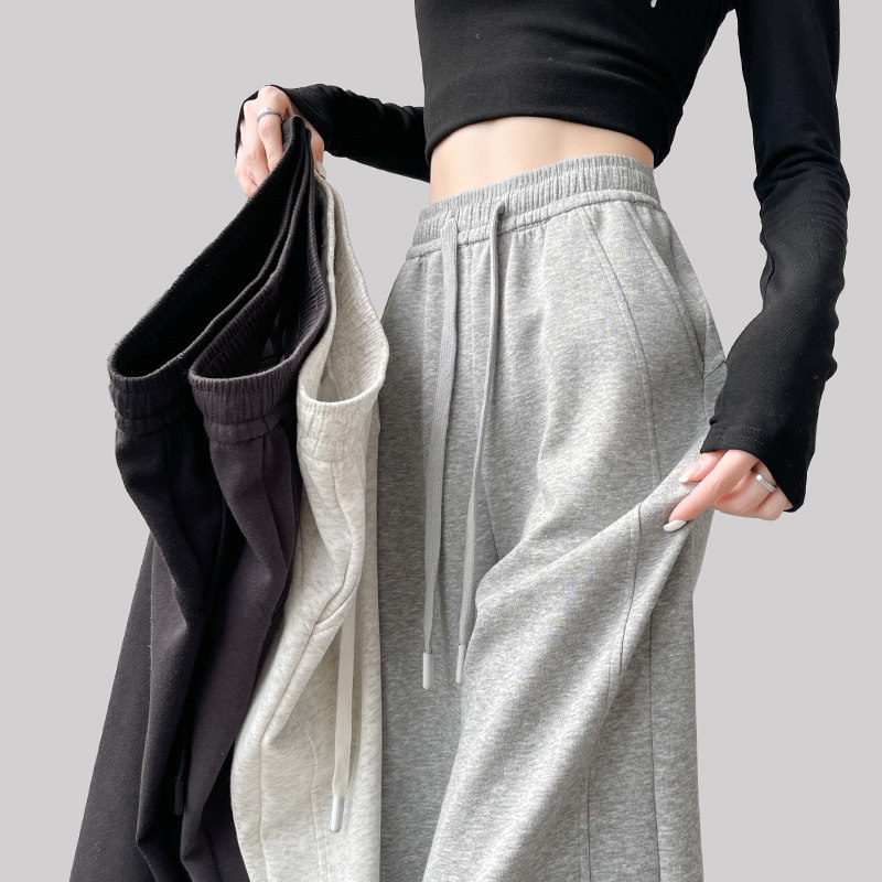 灰色运动裤子女款秋冬加绒2025新款直筒窄版小个子香蕉梧桐阔腿裤