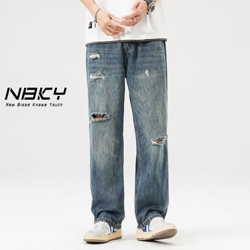 NBKY直筒破洞休闲春复古蓝牛仔裤