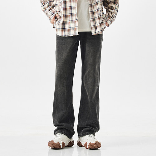 NBKY美式黑色做旧微喇阔腿牛仔裤