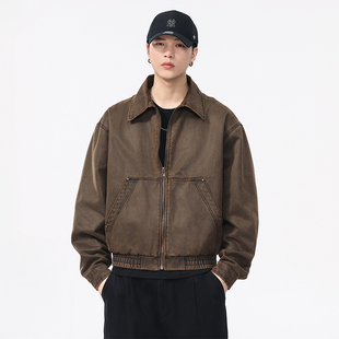 NBKY美式复古巴安油蜡皮短款工装夹克男2025秋款宽松休闲翻领外套