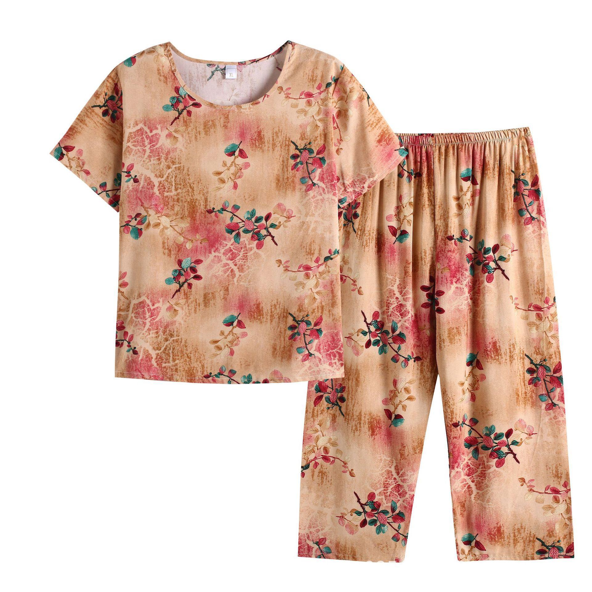 低价中老年夏装女妈妈装棉绸奶奶装夏季衣服套装透气可外穿家居服