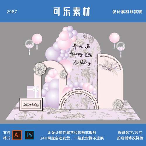 粉紫色小香风宝宝宴生日成人礼女孩装饰布置气球派对设计素材