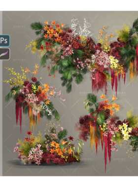 SHES24226福利黄红色婚礼新中式小众红绿花艺素材户外新中式婚礼