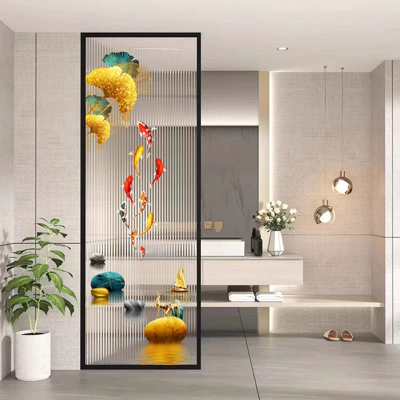 轻奢长虹玻璃屏风隔断客厅玄关办公室艺术玻璃隔断屏风铁艺边框